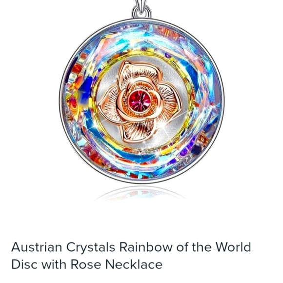 Austrian Crystal Rainbow Engraved Disc Pendant 18k WhiteGold Necklace - Picture 3 of 14